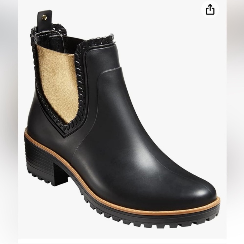 Jack Rogers Black and Gold Ankle Ellie rain Booties boots